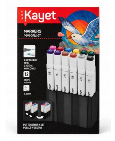 MARKERY KAYET 12 KOLORÓW DWIE KOŃCÓWKI 3,6 MM ZEST